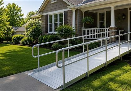 Residential aluminum wheelchair ramp beside a home